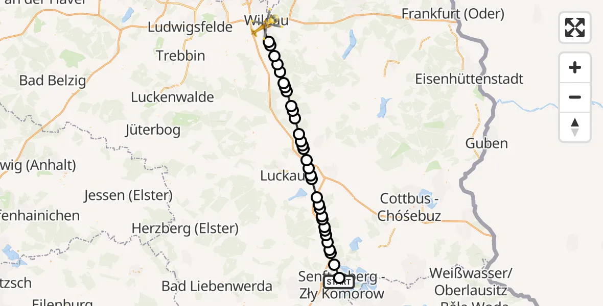 Flugroute Ambulanzhubschrauber ADAC Luftrettungsstation Senftenberg Hubschrauberlandeplatz - Königs Wusterhausen, 22 März 2026, 15:17