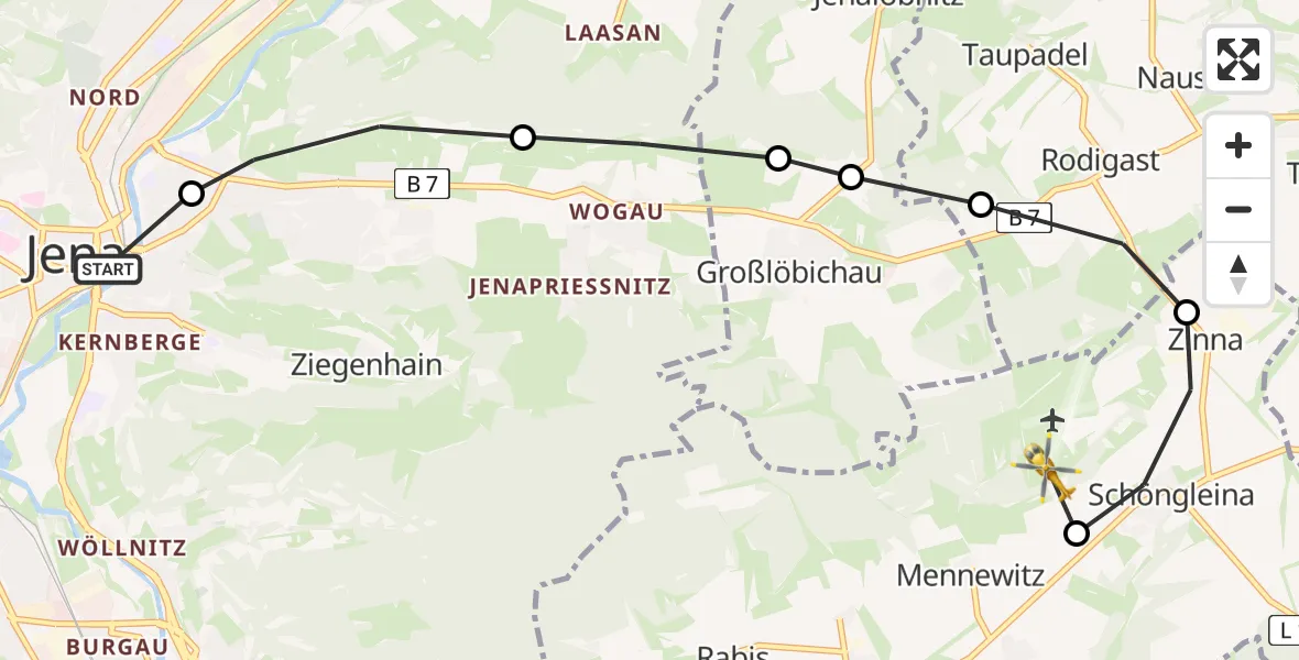 Flugroute Rettungshubschrauber Jena-Zentrum - Zinna, 22 März 2026, 15:17