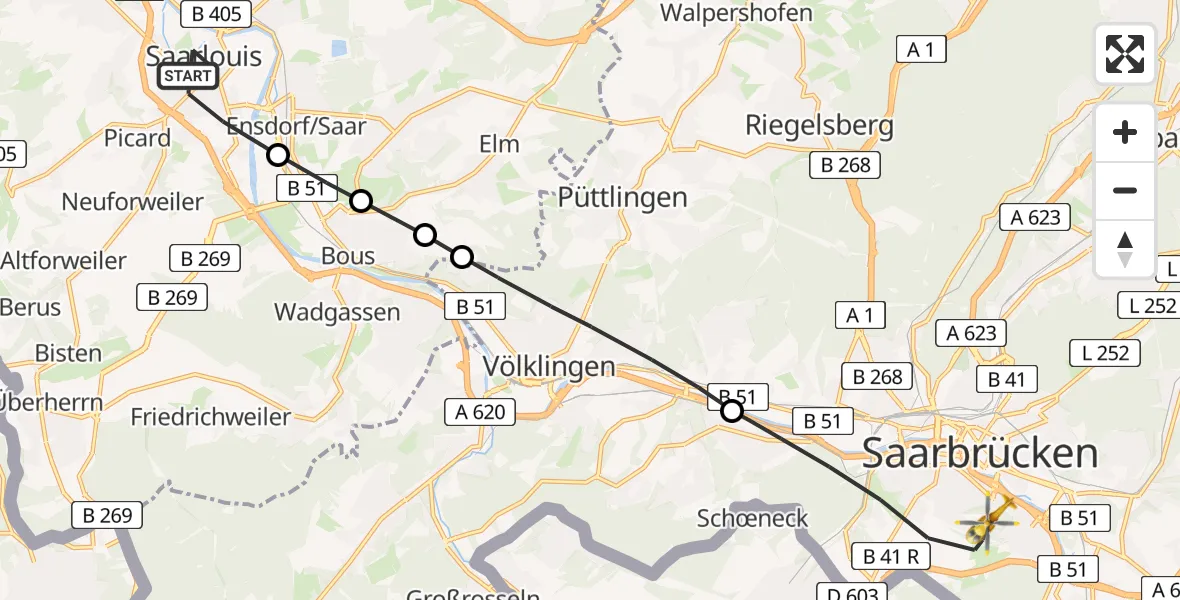 Flugroute Rettungshubschrauber Saarlouis - Saarbrücken, 22 März 2026, 15:23