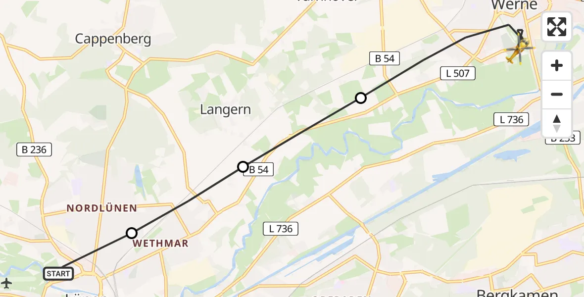 Flugroute Rettungshubschrauber Sankt Marien Hospital - Werne, 22 März 2026, 15:23