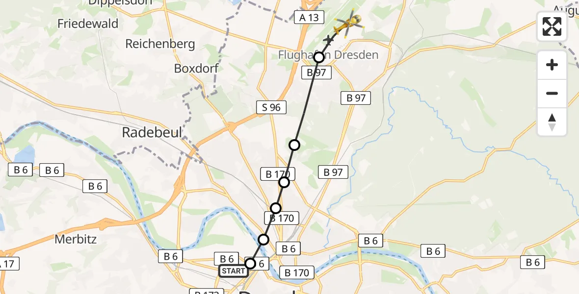 Flugroute Rettungshubschrauber Dresden Friedrichstadt Hospital - Dresden Bundespolizei Hubschrauberlandeplatz, 22 März 2026, 15:24