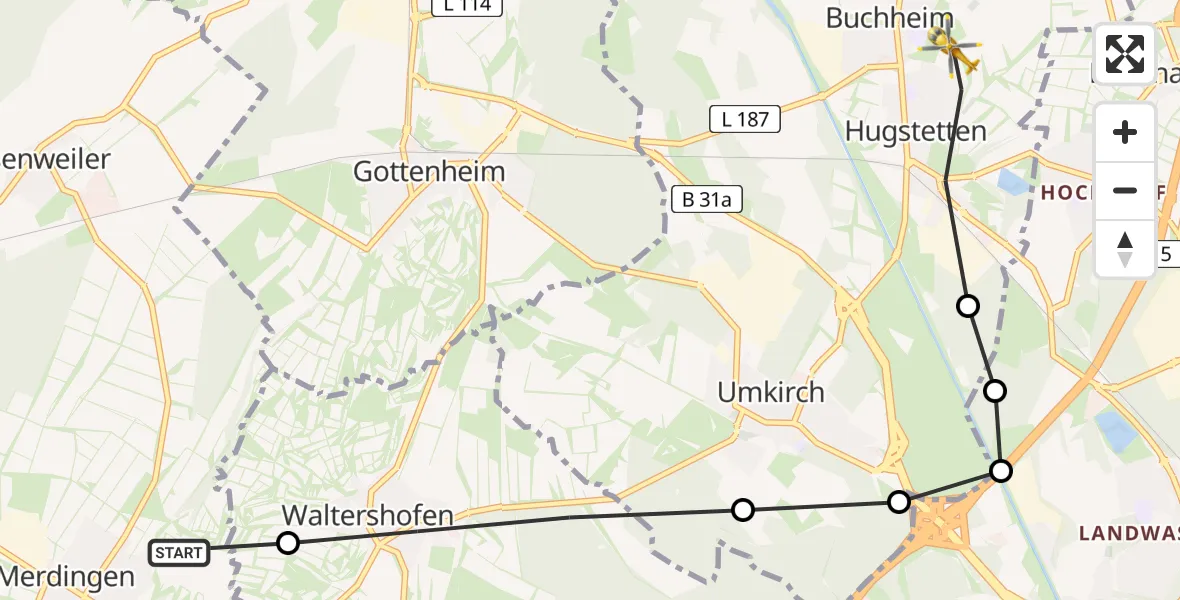 Routekaart van de vlucht: Ambulanzhubschrauber nach Hugstetten, Schwarzwaldstraße