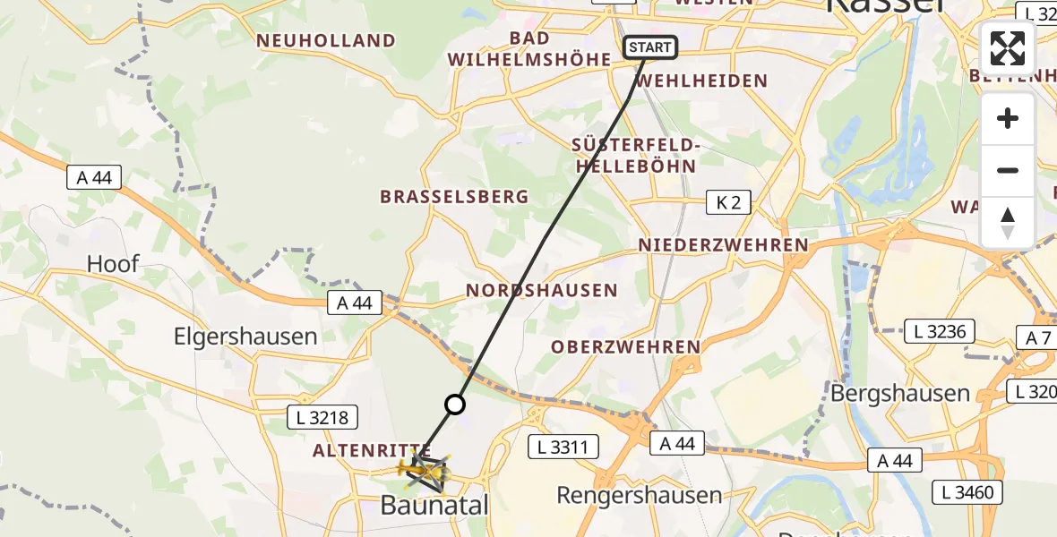 Flugroute Rettungshubschrauber Kassel - Baunatal, 22 März 2026, 15:30