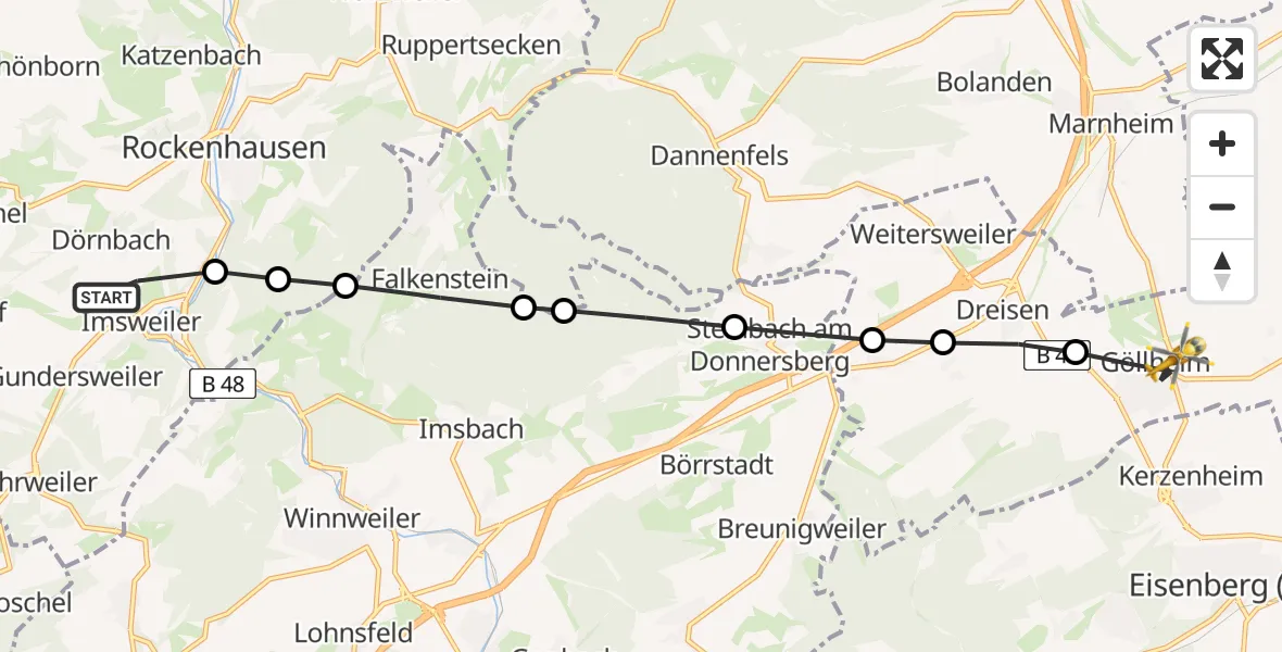 Flugroute Rettungshubschrauber Imsweiler UL - Göllheim, 22 März 2026, 15:31