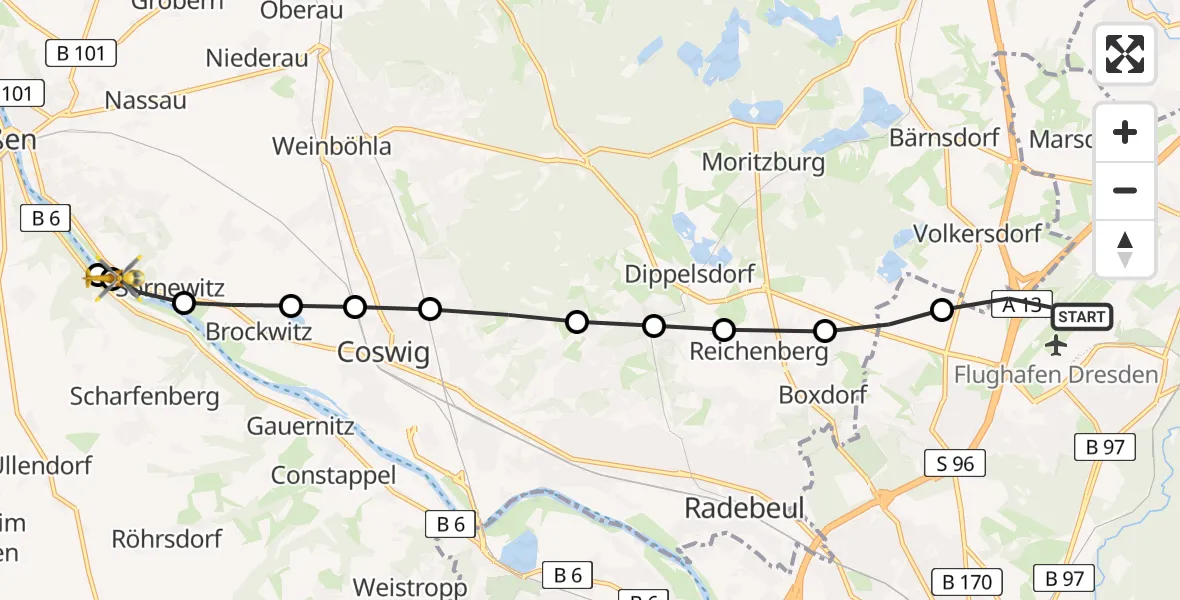 Flugroute Rettungshubschrauber Dresden Flughafen - Sörnewitz, 22 März 2026, 15:35