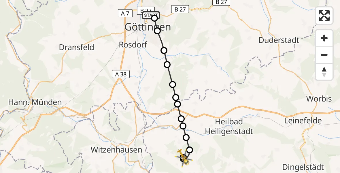 Flugroute Rettungshubschrauber Göttingen University Clinic Hubschrauberlandeplatz - Schönhagen, 22 März 2026, 15:40