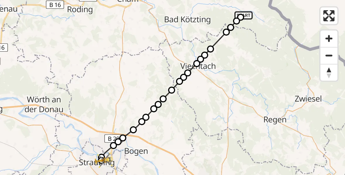 Flugroute Rettungshubschrauber Frahels - Sankt Elisabeth Hospital Straubing, 22 März 2026, 15:45