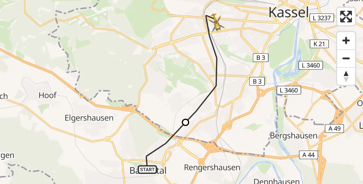 Flugroute Rettungshubschrauber Baunatal - Kassel, 22 März 2026, 15:48
