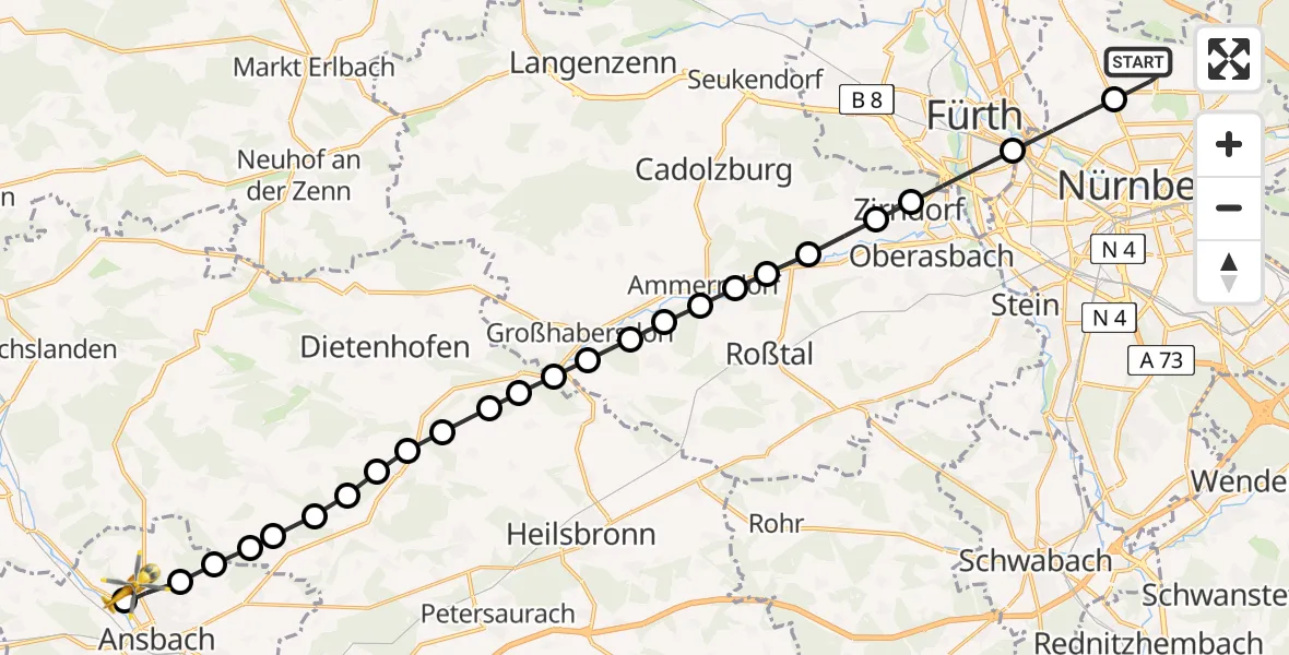 Routekaart van de vlucht: Ambulanzhubschrauber nach Ansbach, Escherichstraße