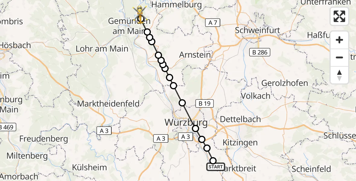 Flugroute Rettungshubschrauber Ochsenfurt - Wolfsmünster, 22 März 2026, 15:58