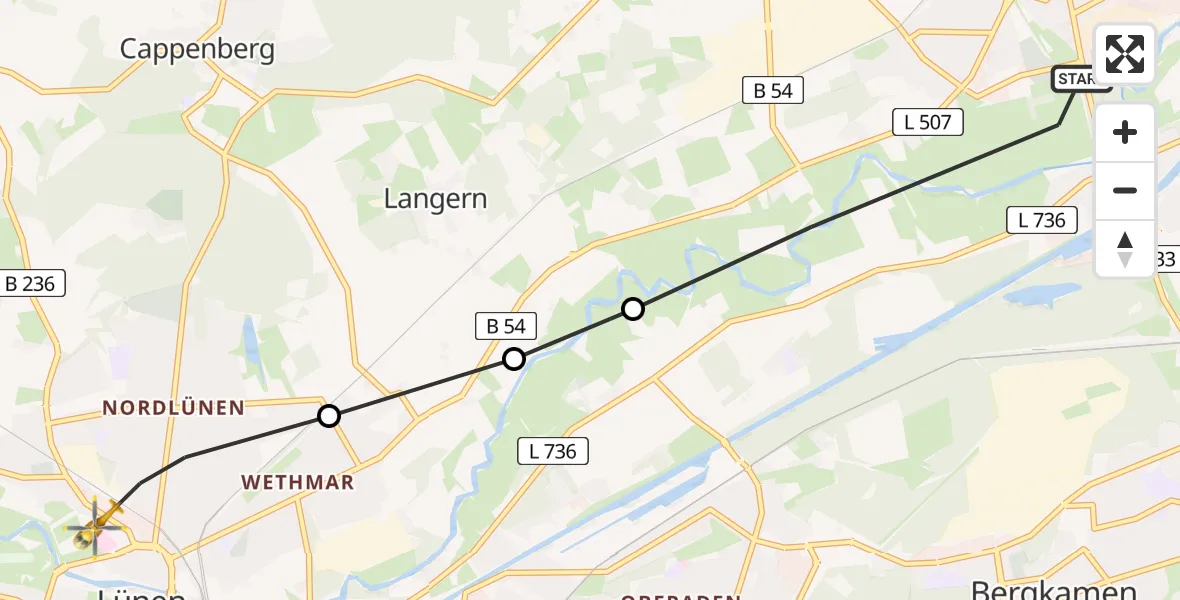 Flugroute Rettungshubschrauber Werne - Sankt Marien Hospital, 22 März 2026, 16:02
