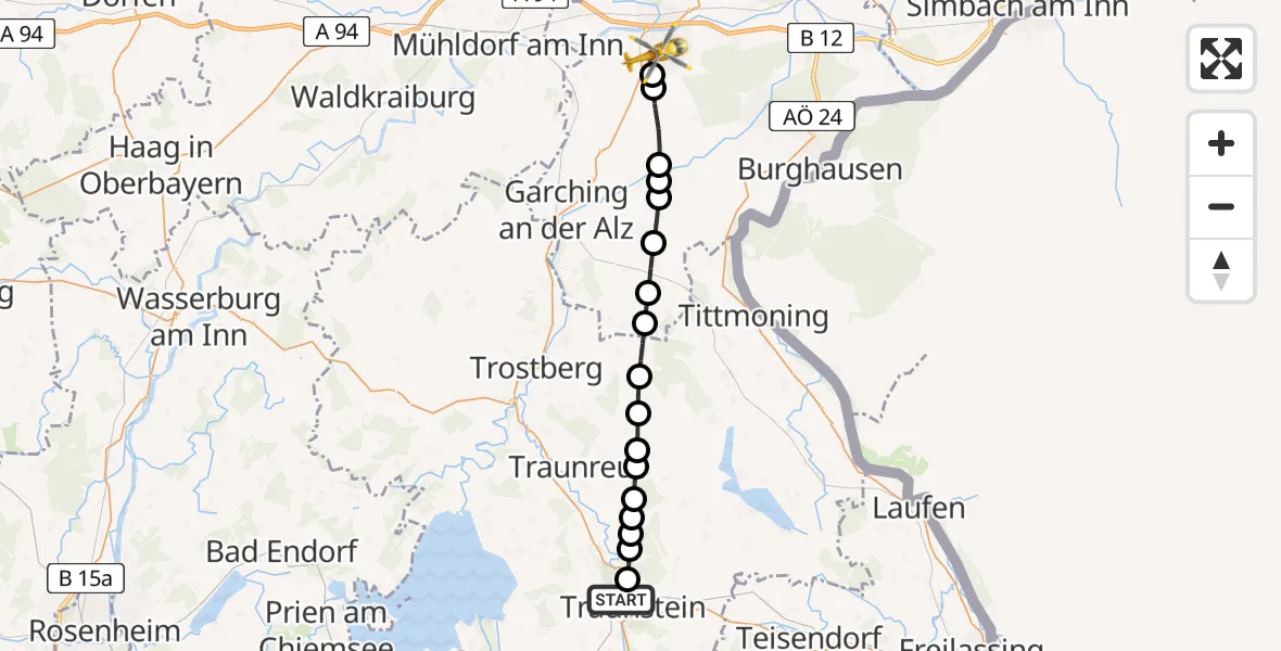 Flugroute Rettungshubschrauber Traunstein Hospital - Altötting, 22 März 2026, 16:04
