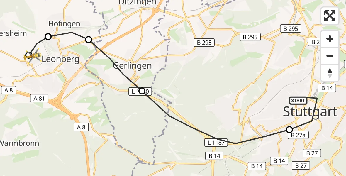 Flugroute Rettungshubschrauber Stuttgart - Leonberg Hospital, 22 März 2026, 16:08
