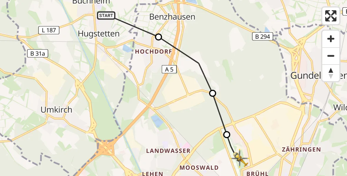 Flugroute Ambulanzhubschrauber Hugstetten - Freiburg im Breisgau Flugplatz, 22 März 2026, 16:09