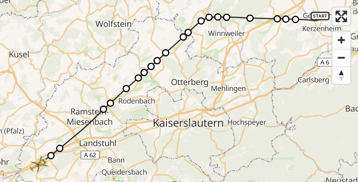 Flugroute Rettungshubschrauber Göllheim - Bruchmühlbach-Miesau, 22 März 2026, 16:10