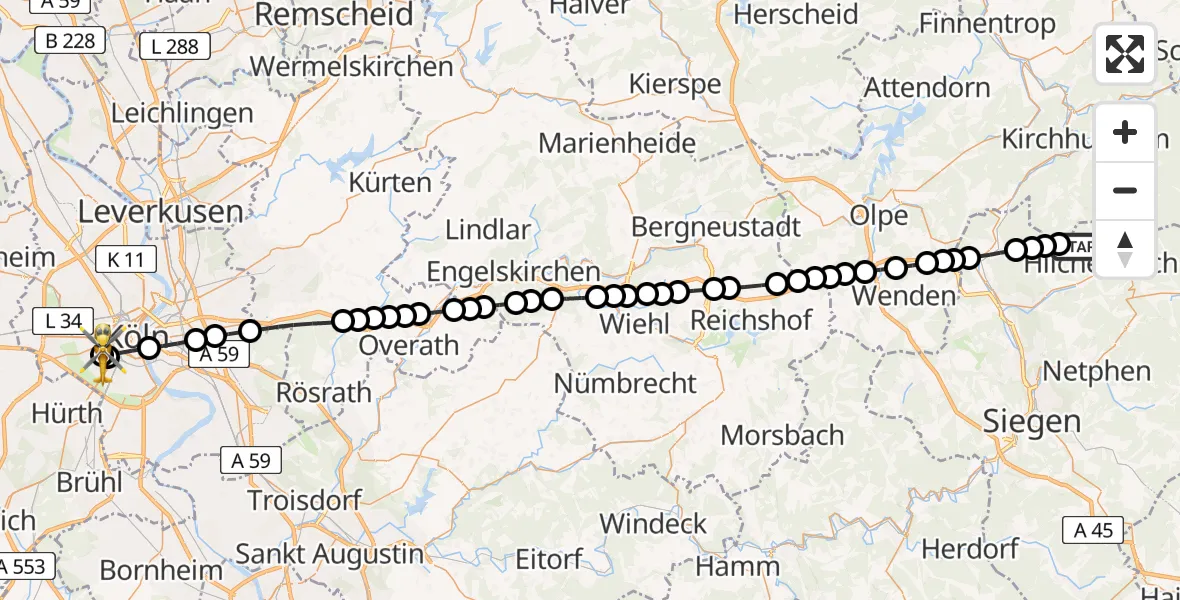 Flugroute Rettungshubschrauber Hilchenbach - Köln University Hospital, 22 März 2026, 16:14