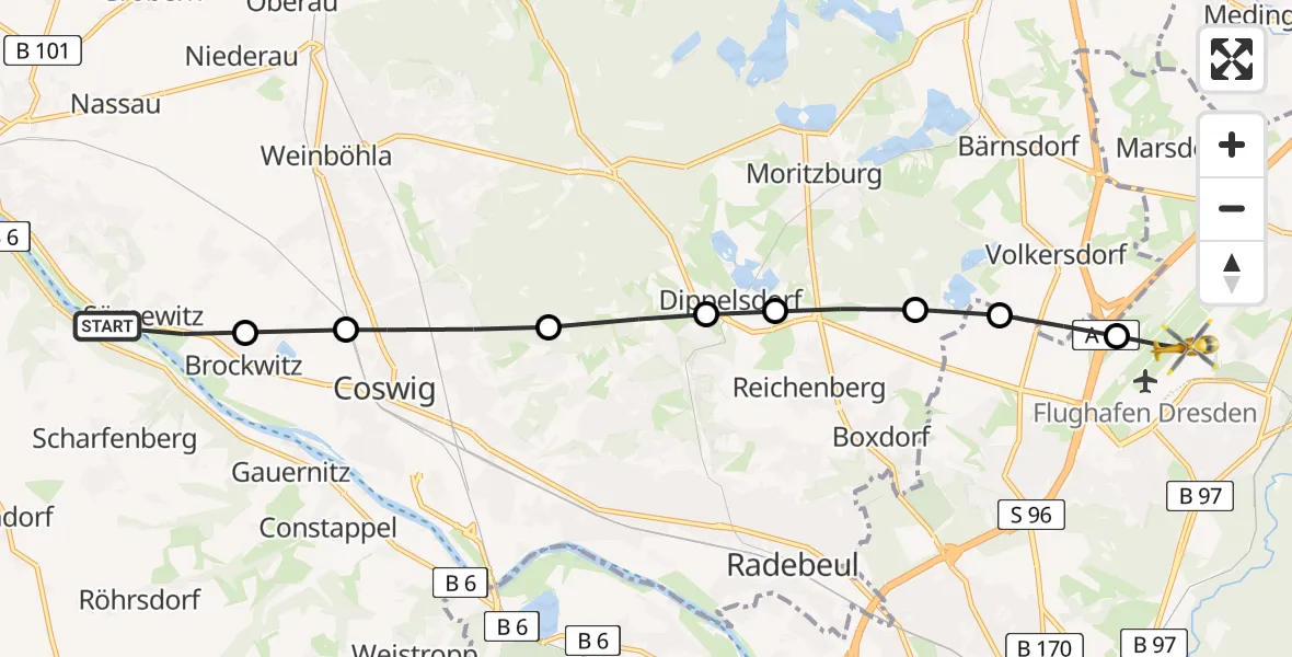 Routekaart van de vlucht: Rettungshubschrauber nach Dresden Bundespolizei Hubschrauberlandeplatz