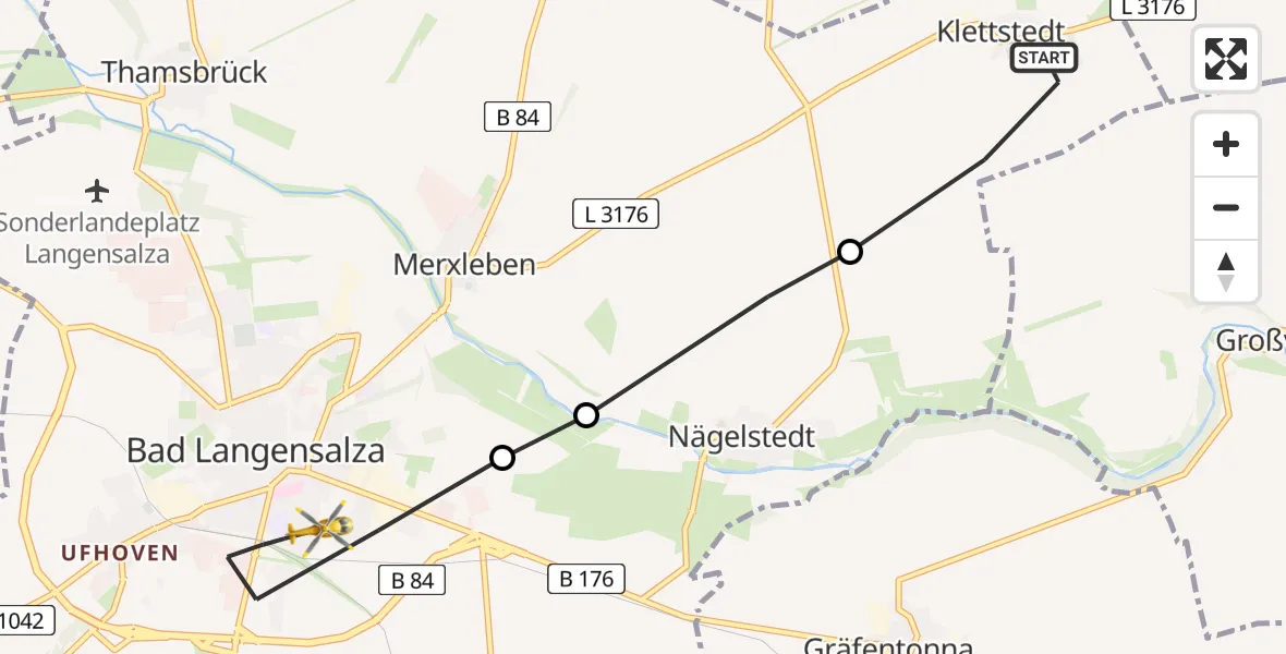 Flugroute Rettungshubschrauber Klettstedt - Bad Langensalza, 22 März 2026, 16:20