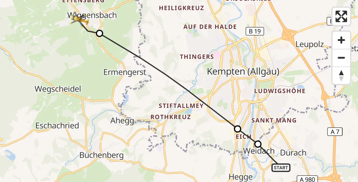 Flugroute Rettungshubschrauber Kempten-Durach Flugplatz - Wiggensbach, 22 März 2026, 16:22