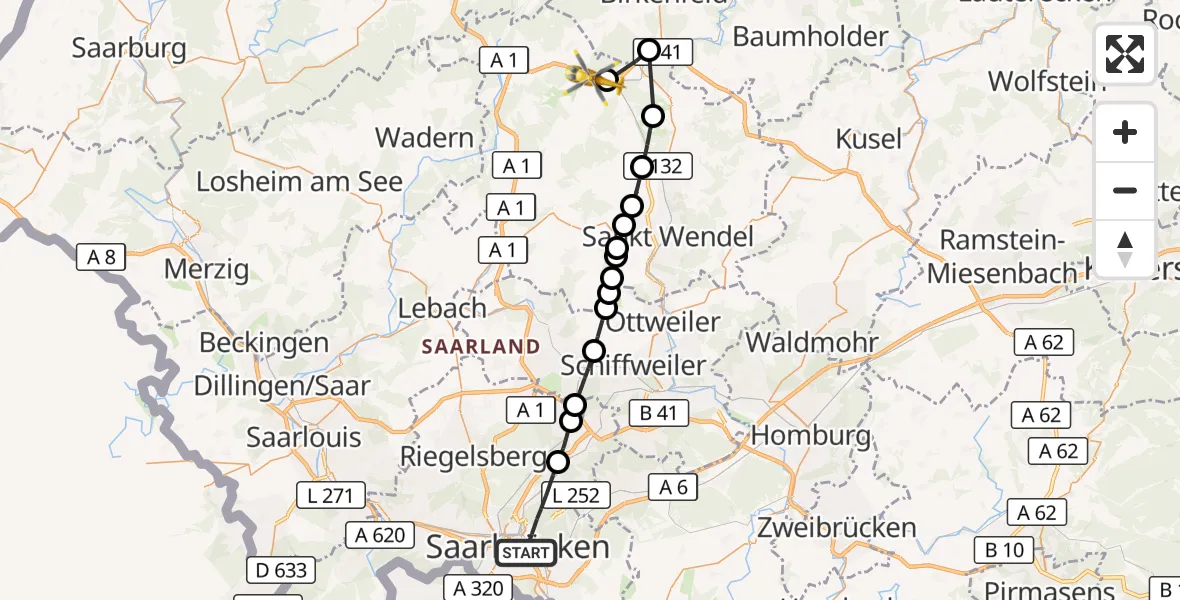 Flugroute Rettungshubschrauber Saarbrücken - Eckelhausen, 22 März 2026, 16:23