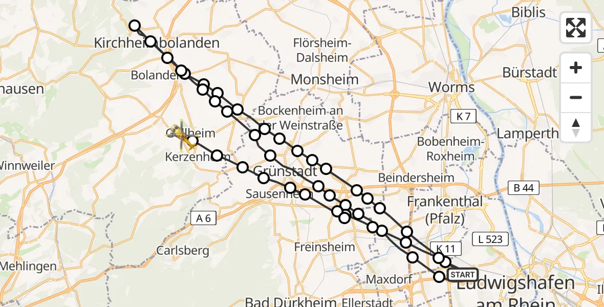 Routekaart van de vlucht: Rettungshubschrauber nach Göllheim, Königskreuzstraße
