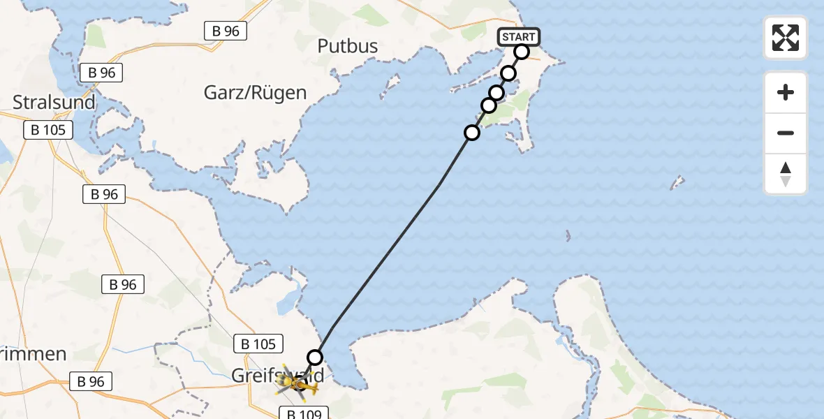 Flugroute Rettungshubschrauber Baabe - Greifswald Hospital, 22 März 2026, 16:26