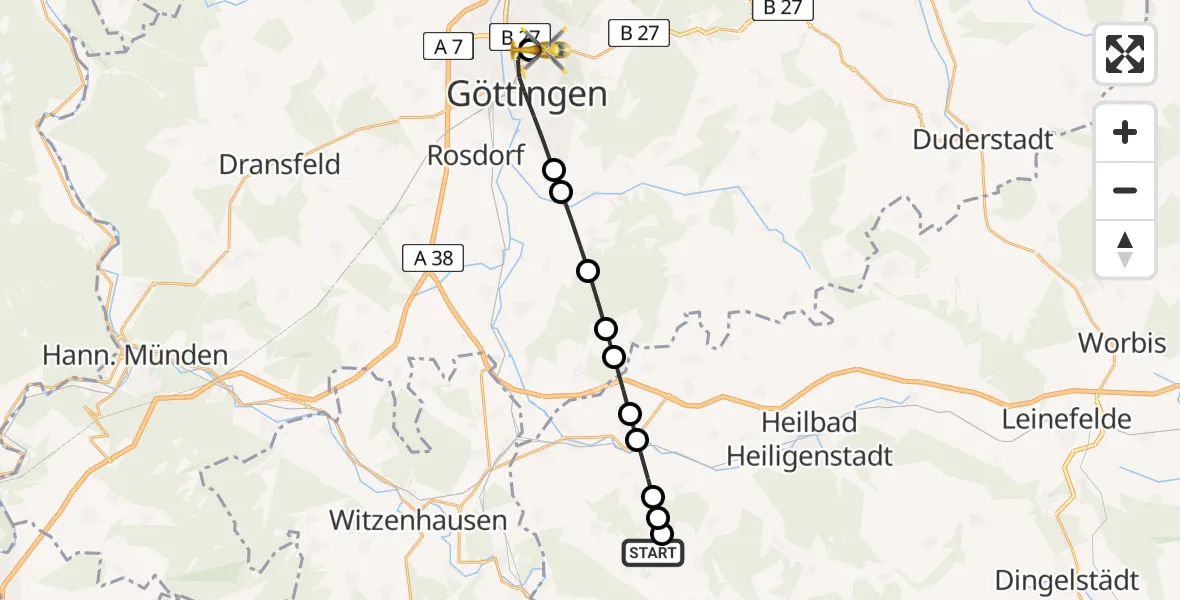Flugroute Rettungshubschrauber Fretterode - Göttingen University Clinic Hubschrauberlandeplatz, 22 März 2026, 16:31
