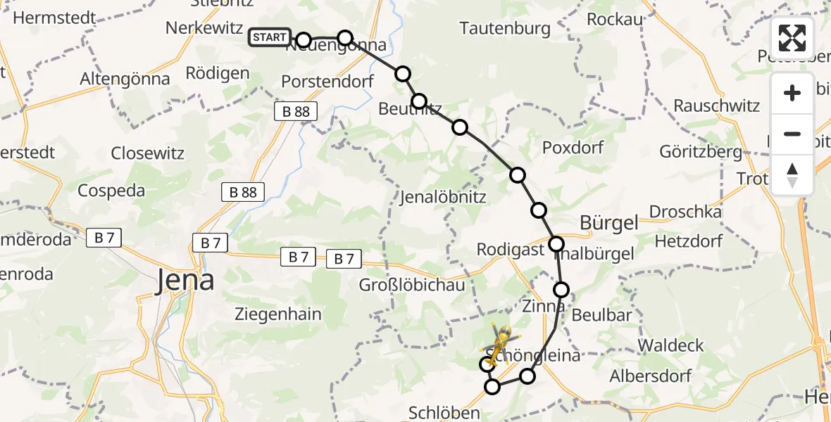 Flugroute Rettungshubschrauber Stiebritz - Jena-Schöngleina Flugplatz, 22 März 2026, 16:36