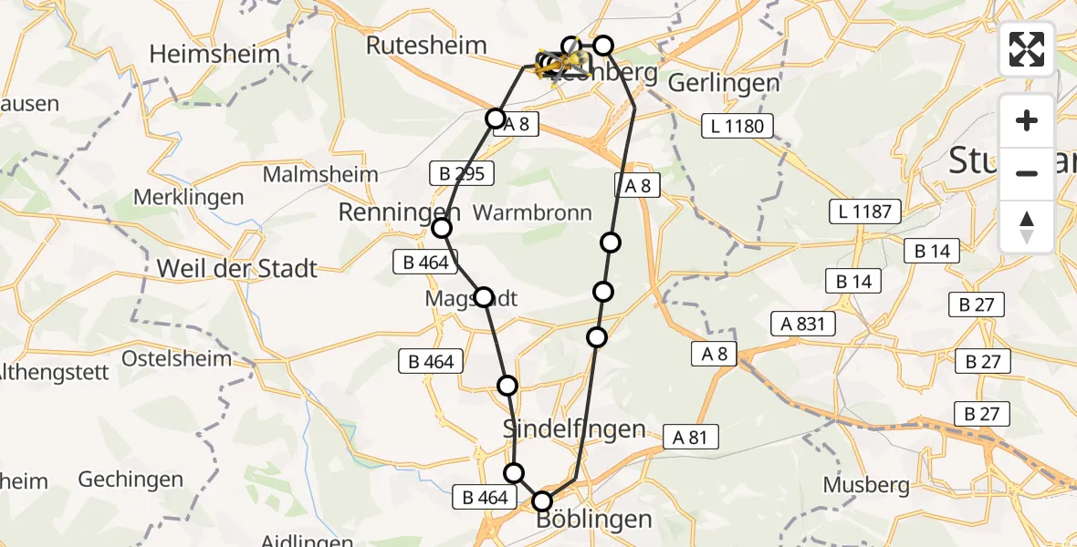 Flugroute Rettungshubschrauber Leonberg Hospital - Leonberg Hospital, 22 März 2026, 16:45