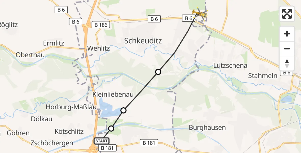 Flugroute Rettungshubschrauber ADAC Air Rescue Station Leipzig/Schkeuditz-Dölzig Hubschrauberlandeplatz (Christoph 61) - Schkeuditz, 22 März 2026, 16:50