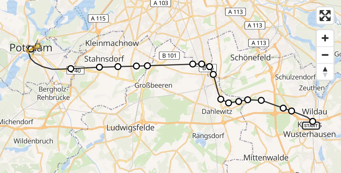 Flugroute Ambulanzhubschrauber Königs Wusterhausen - Ernst von Bergmann Clinic Hubschrauberlandeplatz, 22 März 2026, 16:52