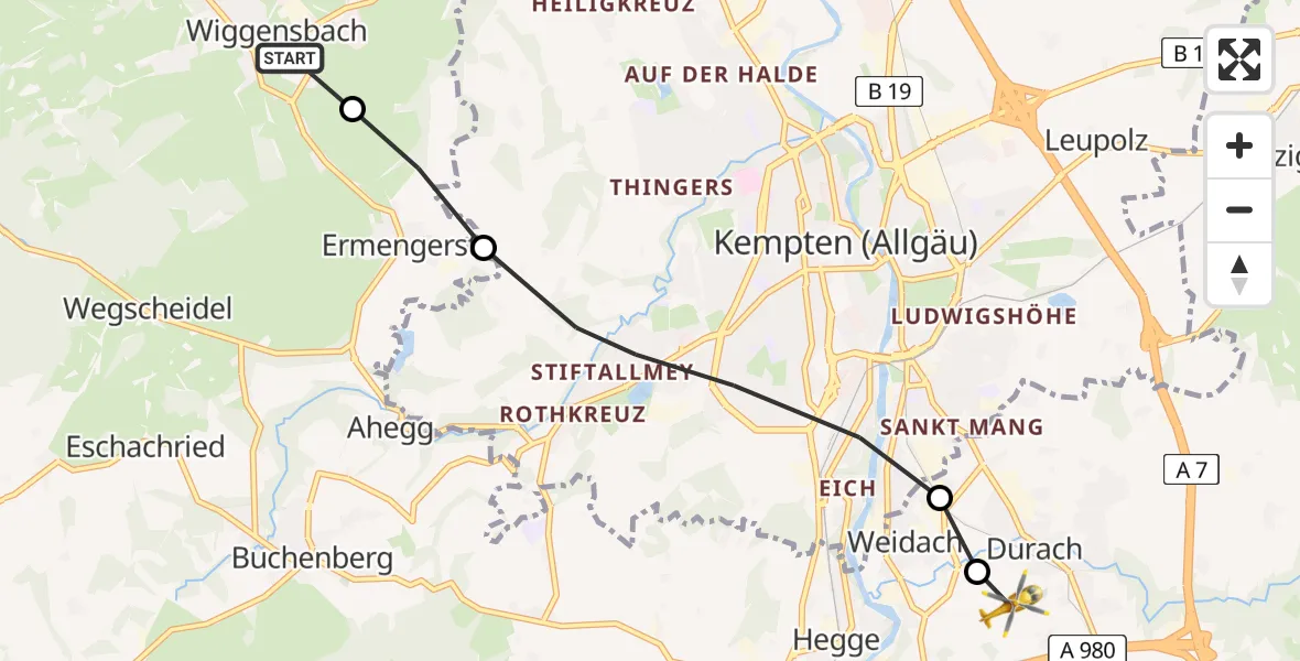 Routekaart van de vlucht: Rettungshubschrauber nach Kempten-Durach Flugplatz