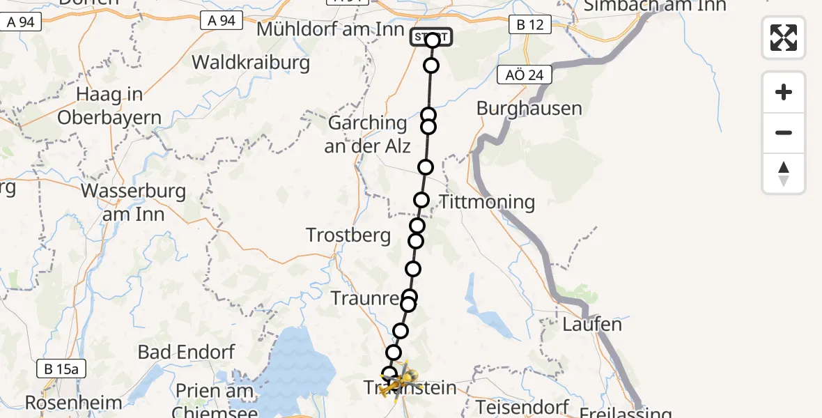 Flugroute Rettungshubschrauber Altötting-Burghausen District Hospital Altötting - Traunstein Hospital, 22 März 2026, 16:55