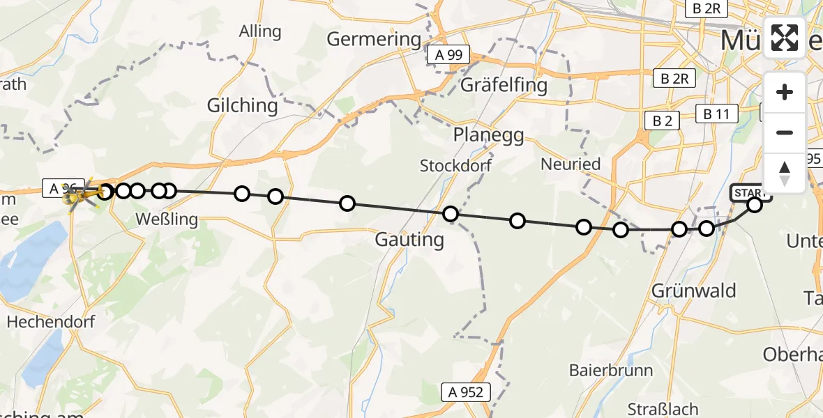 Flugroute Rettungshubschrauber ADAC Air Rescue Center Hubschrauberlandeplatz (Christoph 1) - Etterschlag, 22 März 2026, 16:55