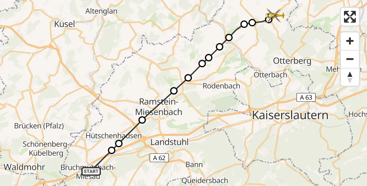 Flugroute Rettungshubschrauber Bruchmühlbach-Miesau - Schneckenhausen, 22 März 2026, 17:01
