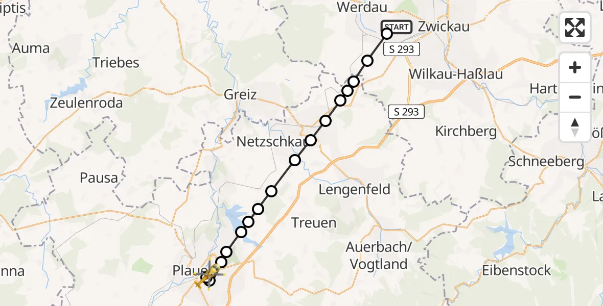 Flugroute Rettungshubschrauber ADAC Air Rescue Station Zwickau Hubschrauberlandeplatz - Helios Clinic Plauen, 22 März 2026, 17:03