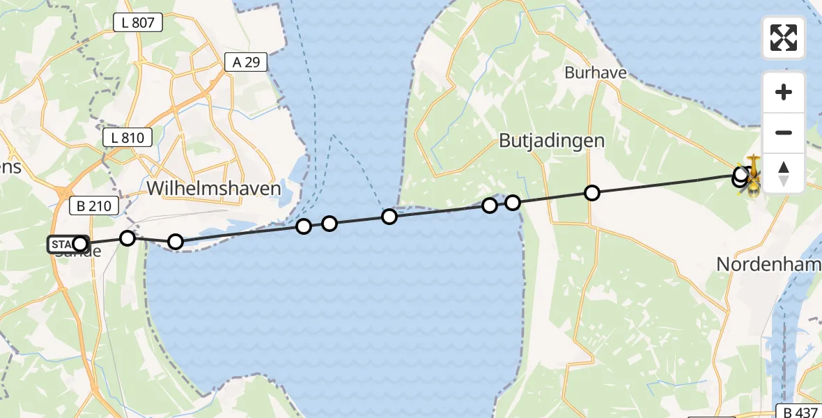 Flugroute Rettungshubschrauber Sande - Nordenham, 22 März 2026, 17:10