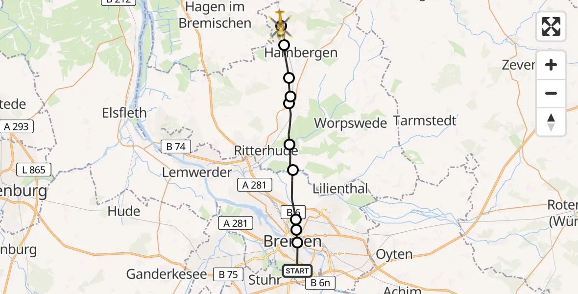 Flugroute Rettungshubschrauber Bremen-Süd - Axstedt, 22 März 2026, 17:12