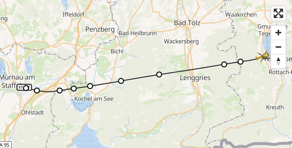 Flugroute Rettungshubschrauber Murnau Accident Hospital - Bad Wiessee, 22 März 2026, 17:13