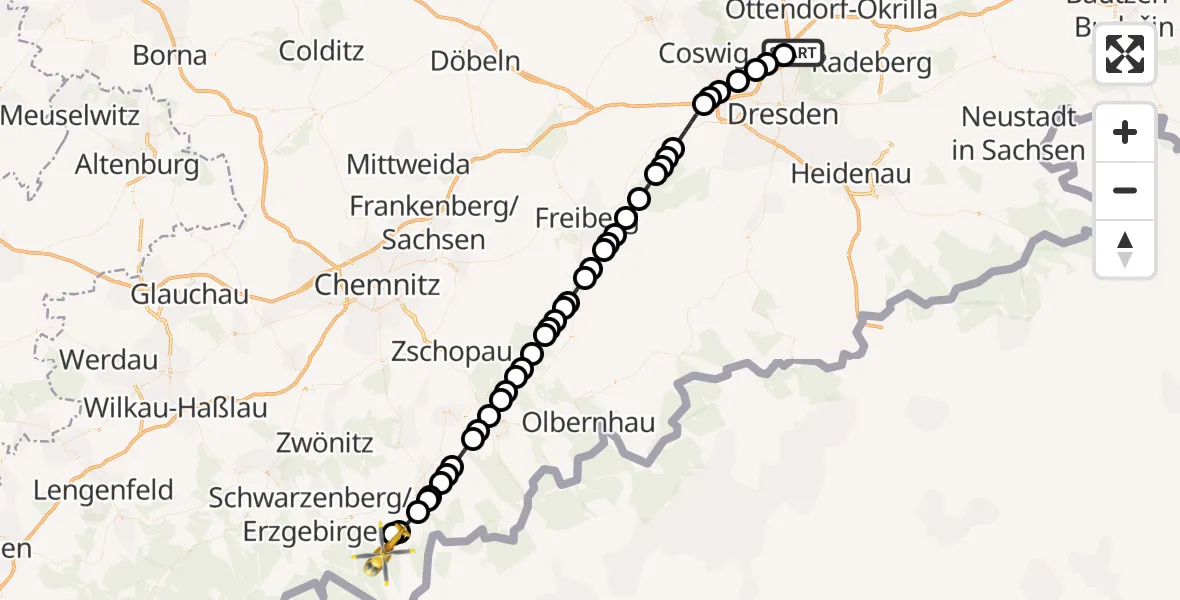 Flugroute Rettungshubschrauber Dresden Flughafen - Crottendorf, 22 März 2026, 17:17