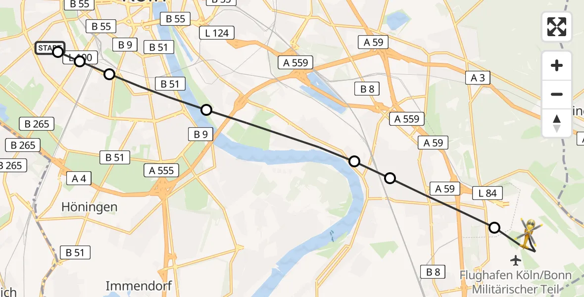 Flugroute Rettungshubschrauber Köln University Hospital - Köln Bonn Flughafen, 22 März 2026, 17:22