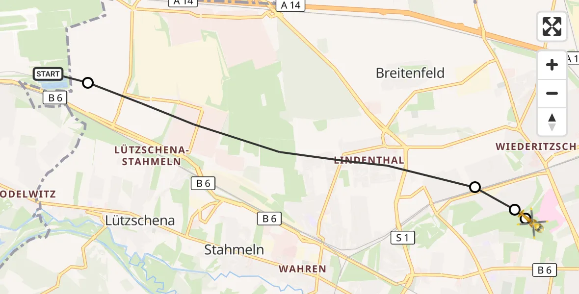 Flugroute Rettungshubschrauber Schkeuditz - Sankt Georg Hospital Leipzig Reserve, 22 März 2026, 17:27