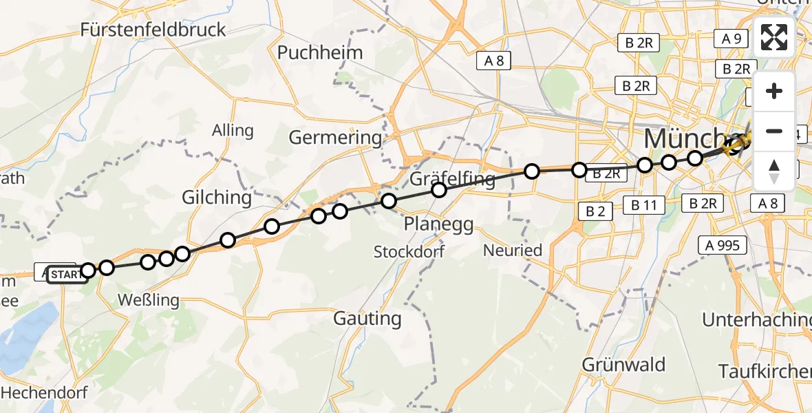 Flugroute Rettungshubschrauber Etterschlag - Rechts der Isar University Hospital, 22 März 2026, 17:27