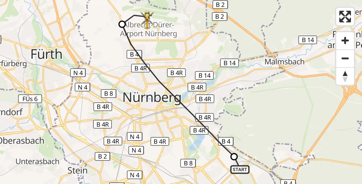 Flugroute Ambulanzhubschrauber Nürnberg South Hospital - Flughafen Nuremberg, 22 März 2026, 17:28
