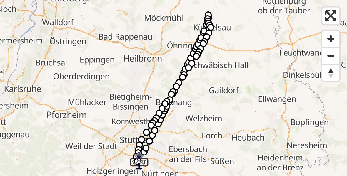 Flugroute Polizeihubschrauber Flughafen Stuttgart - Flughafen Stuttgart, 22 März 2026, 17:32