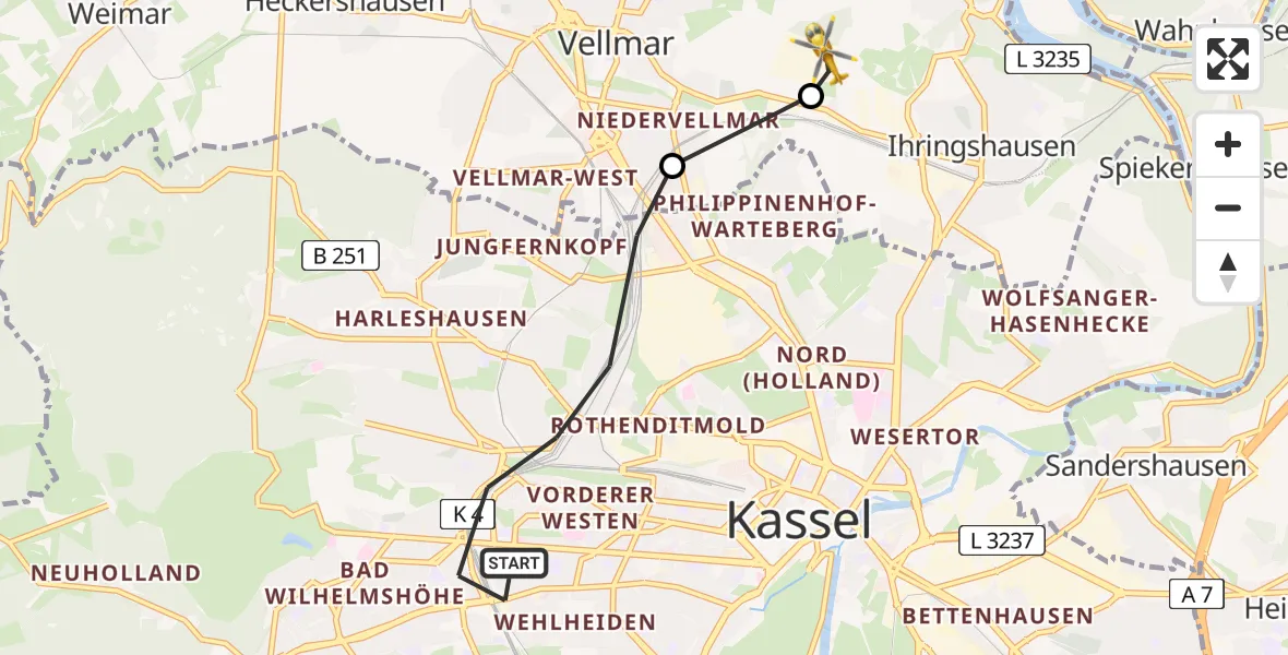 Routekaart van de vlucht: Rettungshubschrauber nach Fuldatal Bundespolizei Hubschrauberlandeplatz