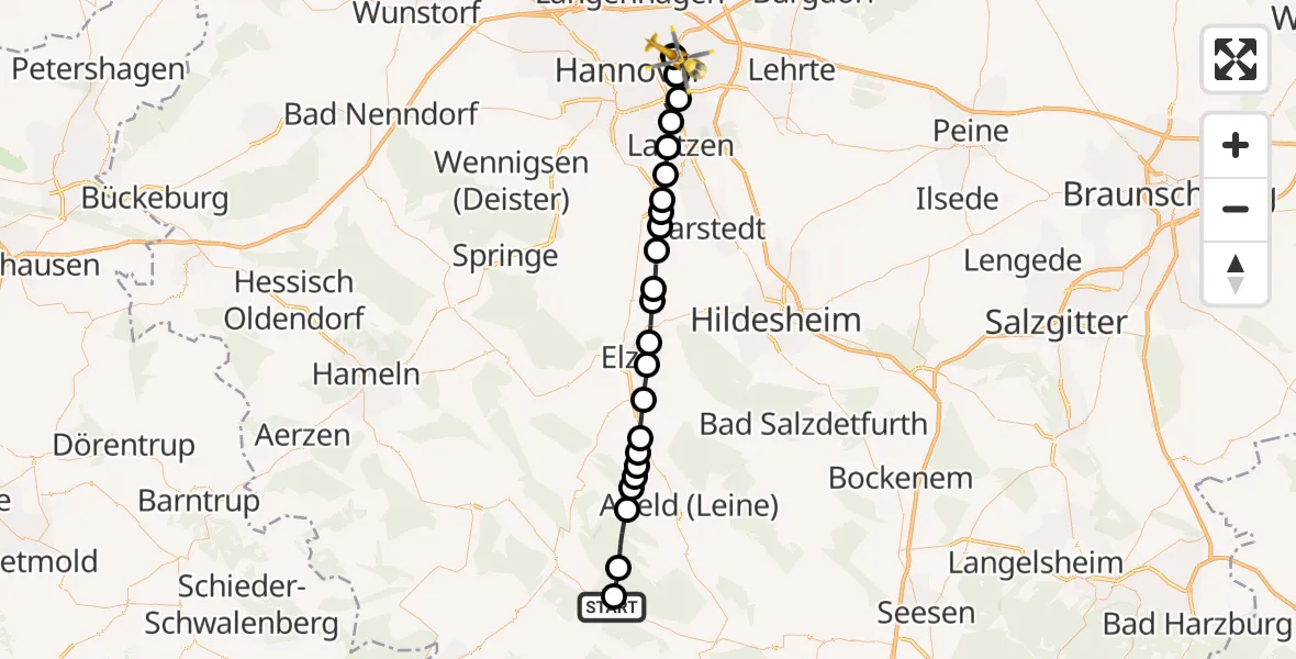 Flugroute Rettungshubschrauber Eimen - Hannover Luftrettung Hubschrauberlandeplatz (Christoph 4), 22 März 2026, 17:44