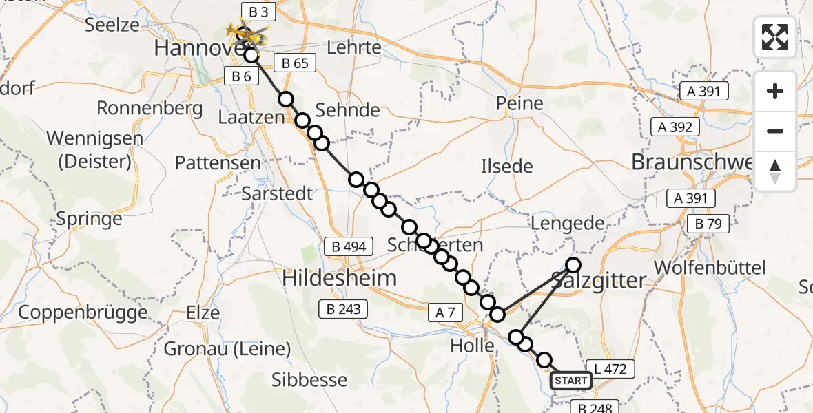 Routekaart van de vlucht: Rettungshubschrauber nach Hannover Luftrettung Hubschrauberlandeplatz (Christoph 4)