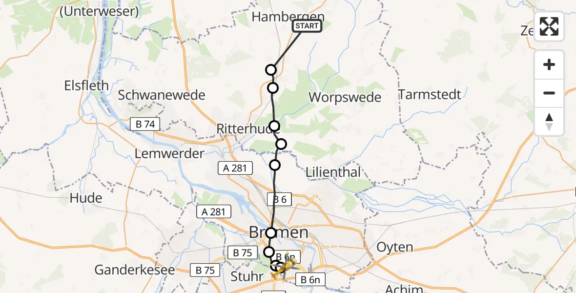 Flugroute Rettungshubschrauber Hambergen - ADAC Air Rescue Station Bremen Hubschrauberlandeplatz (Christoph 6), 22 März 2026, 17:49