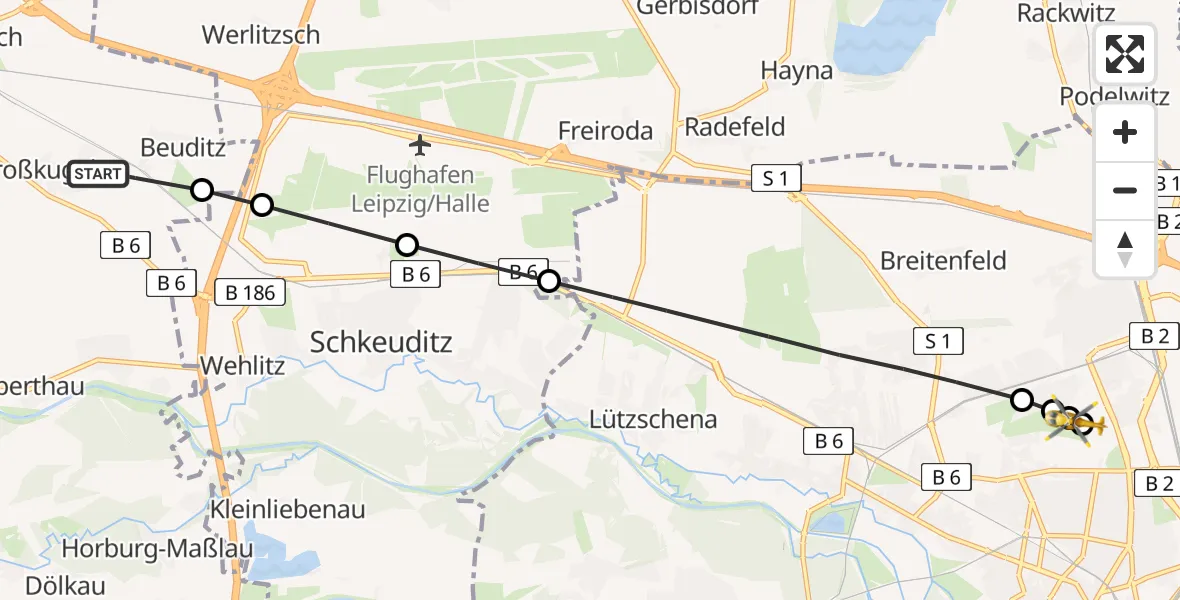 Flugroute Ambulanzhubschrauber Großkugel - Sankt Georg Hospital Leipzig Reserve, 22 März 2026, 17:50